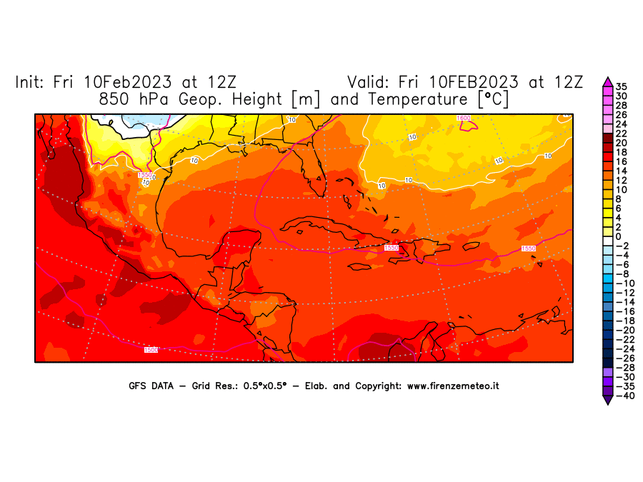 Mappa di analisi GFS - Geopotenziale [m] e Temperatura [°C] a 850 hPa in Centro-America
							del 10/02/2023 12 <!--googleoff: index-->UTC<!--googleon: index-->