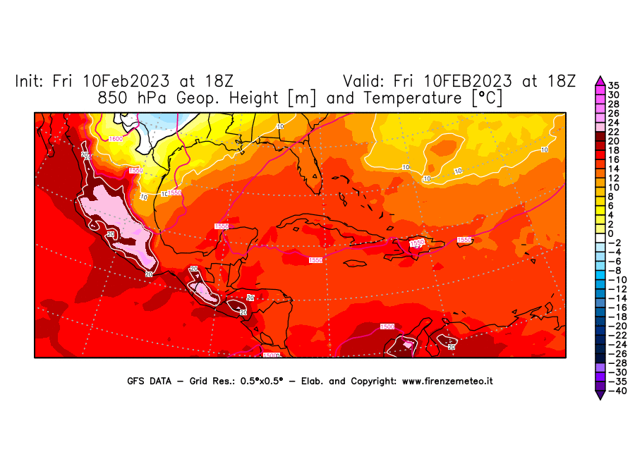 Mappa di analisi GFS - Geopotenziale [m] e Temperatura [°C] a 850 hPa in Centro-America
							del 10/02/2023 18 <!--googleoff: index-->UTC<!--googleon: index-->