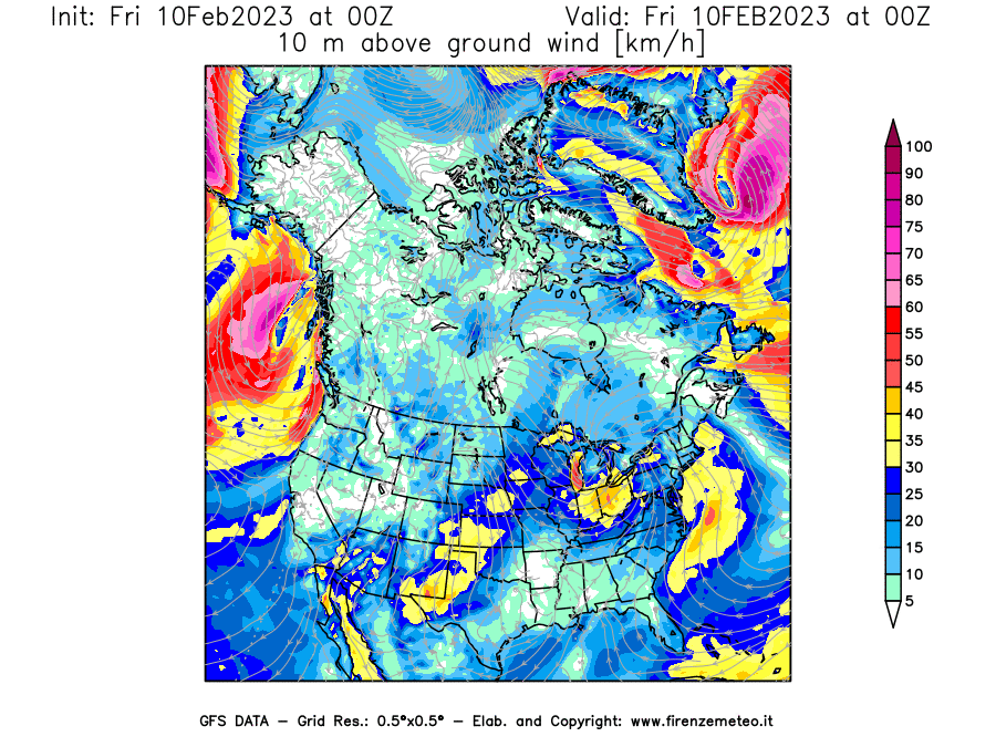 Mappa di analisi GFS - Velocità del vento a 10 metri dal suolo [km/h] in Nord-America
							del 10/02/2023 00 <!--googleoff: index-->UTC<!--googleon: index-->