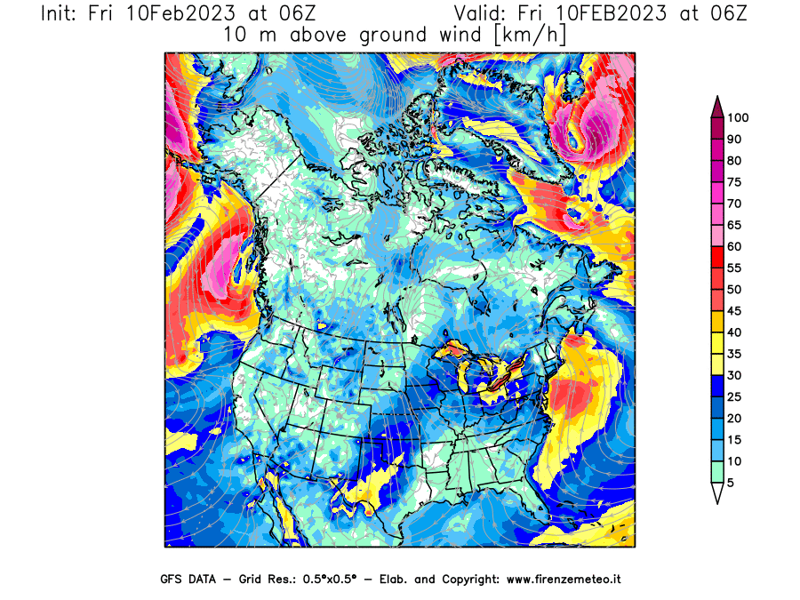 Mappa di analisi GFS - Velocità del vento a 10 metri dal suolo [km/h] in Nord-America
							del 10/02/2023 06 <!--googleoff: index-->UTC<!--googleon: index-->