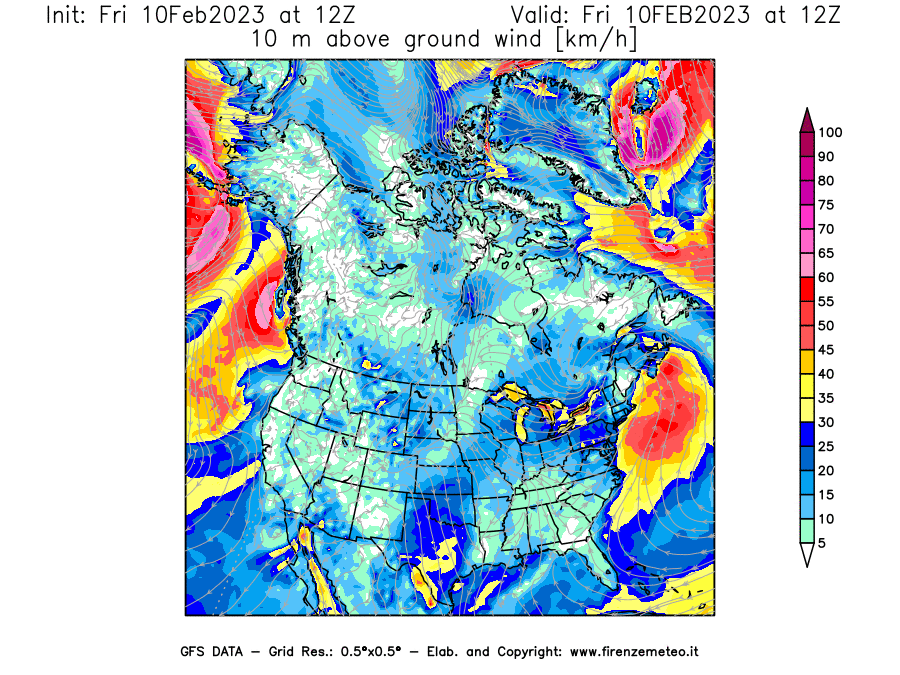Mappa di analisi GFS - Velocità del vento a 10 metri dal suolo [km/h] in Nord-America
							del 10/02/2023 12 <!--googleoff: index-->UTC<!--googleon: index-->