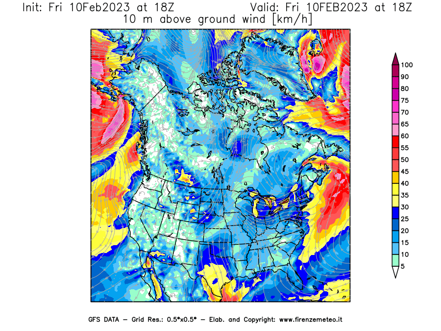 Mappa di analisi GFS - Velocità del vento a 10 metri dal suolo [km/h] in Nord-America
							del 10/02/2023 18 <!--googleoff: index-->UTC<!--googleon: index-->