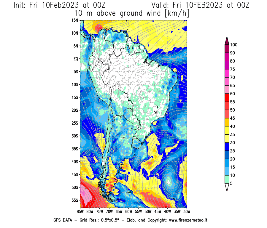 Mappa di analisi GFS - Velocità del vento a 10 metri dal suolo [km/h] in Sud-America
							del 10/02/2023 00 <!--googleoff: index-->UTC<!--googleon: index-->