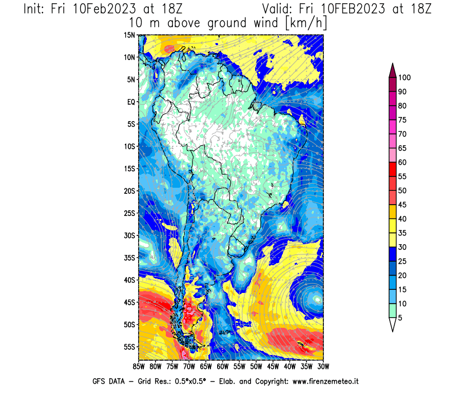 Mappa di analisi GFS - Velocità del vento a 10 metri dal suolo [km/h] in Sud-America
							del 10/02/2023 18 <!--googleoff: index-->UTC<!--googleon: index-->