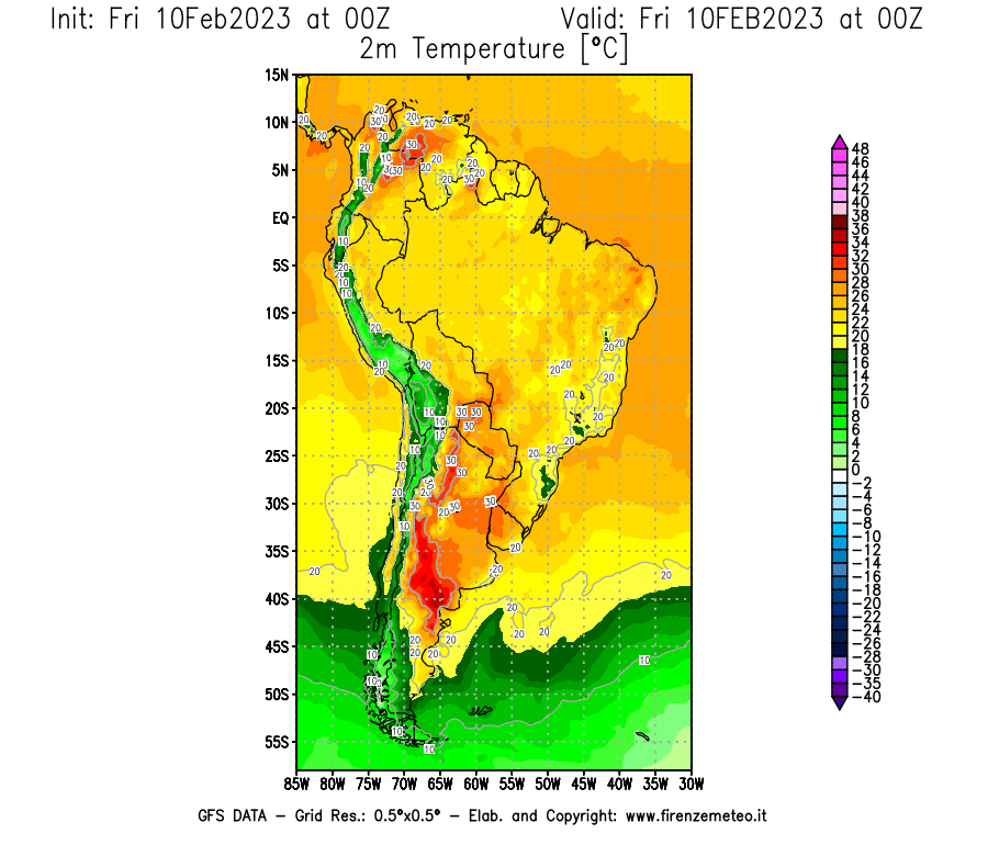 Mappa di analisi GFS - Temperatura a 2 metri dal suolo [°C] in Sud-America
							del 10/02/2023 00 <!--googleoff: index-->UTC<!--googleon: index-->
