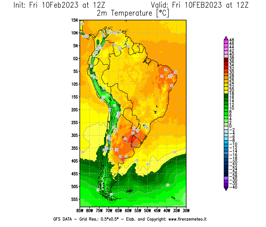 Mappa di analisi GFS - Temperatura a 2 metri dal suolo [°C] in Sud-America
							del 10/02/2023 12 <!--googleoff: index-->UTC<!--googleon: index-->