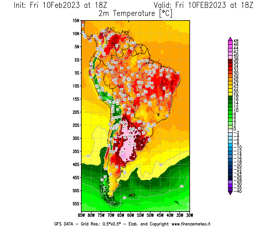 Mappa di analisi GFS - Temperatura a 2 metri dal suolo [°C] in Sud-America
							del 10/02/2023 18 <!--googleoff: index-->UTC<!--googleon: index-->
