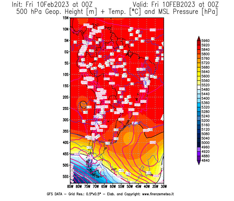 Mappa di analisi GFS - Geopotenziale [m] + Temp. [°C] a 500 hPa + Press. a livello del mare [hPa] in Sud-America
							del 10/02/2023 00 <!--googleoff: index-->UTC<!--googleon: index-->