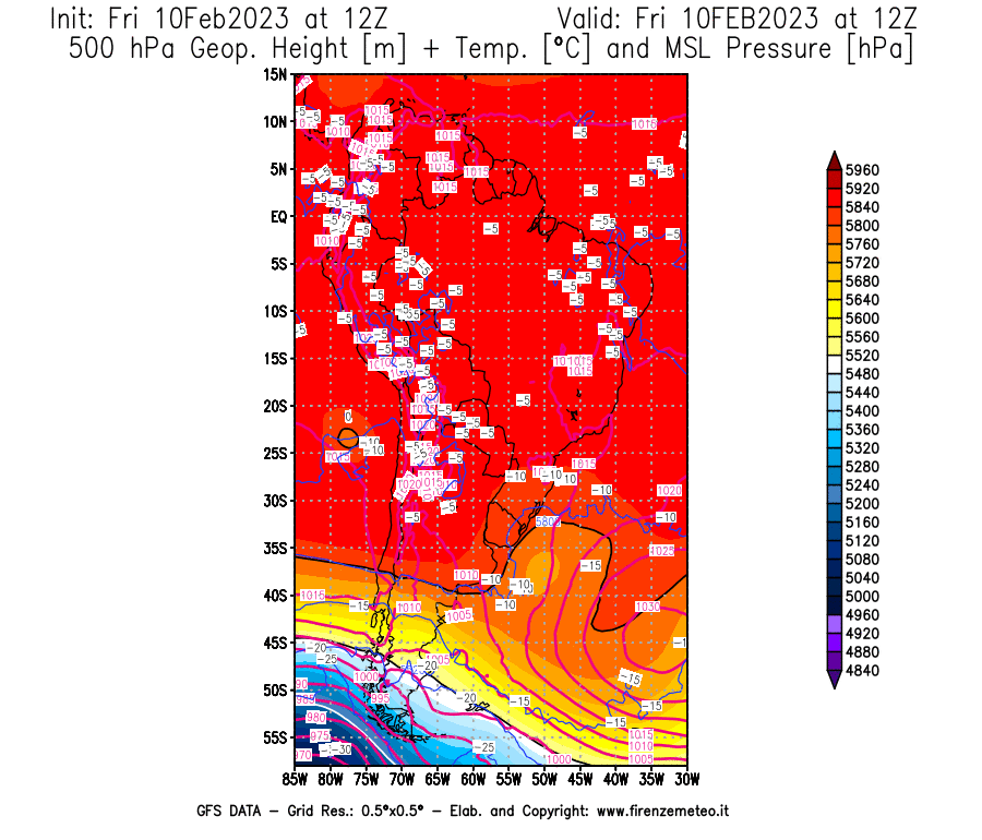 Mappa di analisi GFS - Geopotenziale [m] + Temp. [°C] a 500 hPa + Press. a livello del mare [hPa] in Sud-America
							del 10/02/2023 12 <!--googleoff: index-->UTC<!--googleon: index-->