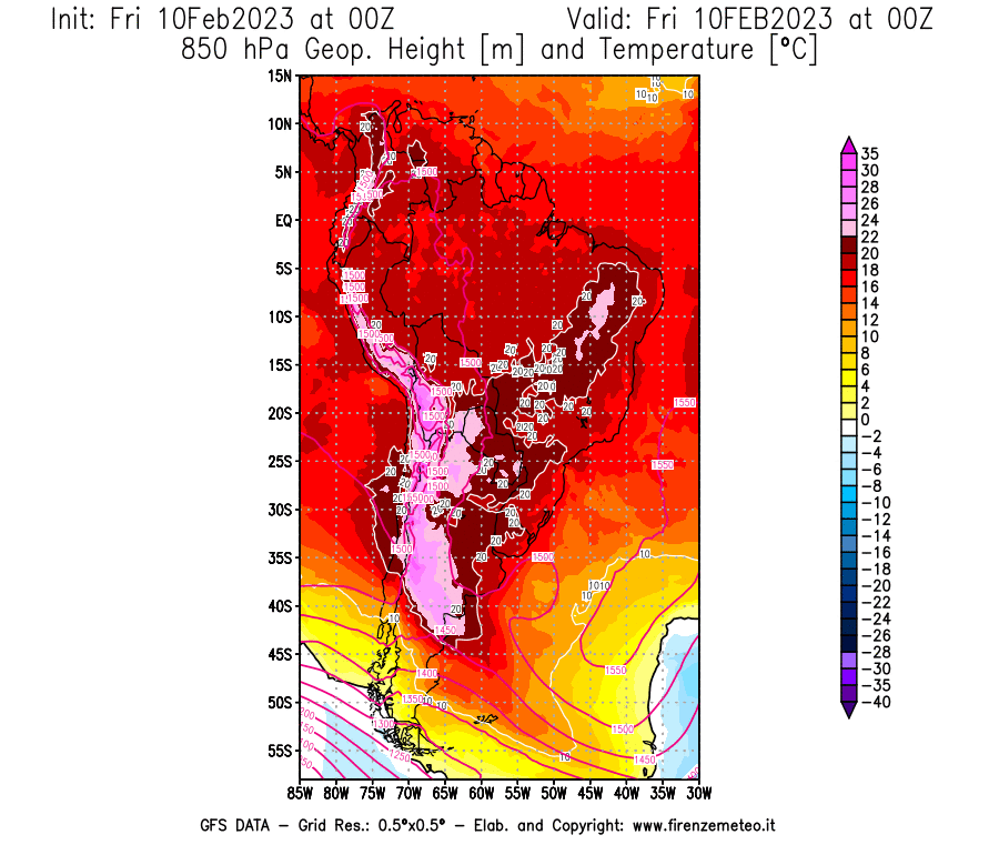 Mappa di analisi GFS - Geopotenziale [m] e Temperatura [°C] a 850 hPa in Sud-America
							del 10/02/2023 00 <!--googleoff: index-->UTC<!--googleon: index-->