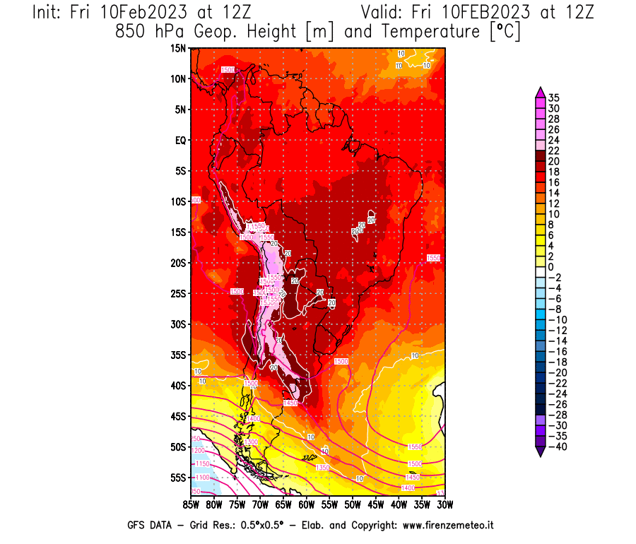 Mappa di analisi GFS - Geopotenziale [m] e Temperatura [°C] a 850 hPa in Sud-America
							del 10/02/2023 12 <!--googleoff: index-->UTC<!--googleon: index-->