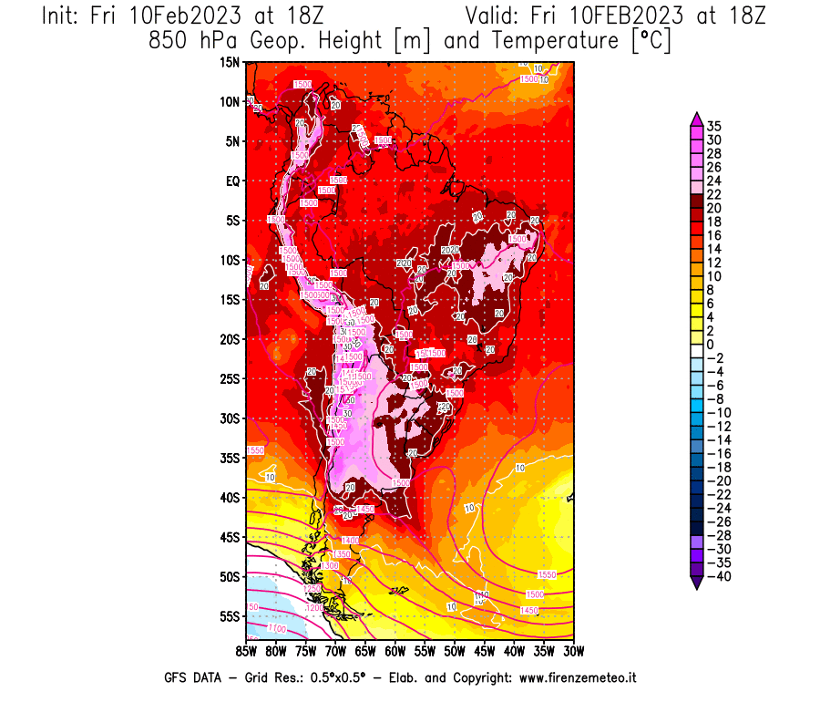 Mappa di analisi GFS - Geopotenziale [m] e Temperatura [°C] a 850 hPa in Sud-America
							del 10/02/2023 18 <!--googleoff: index-->UTC<!--googleon: index-->