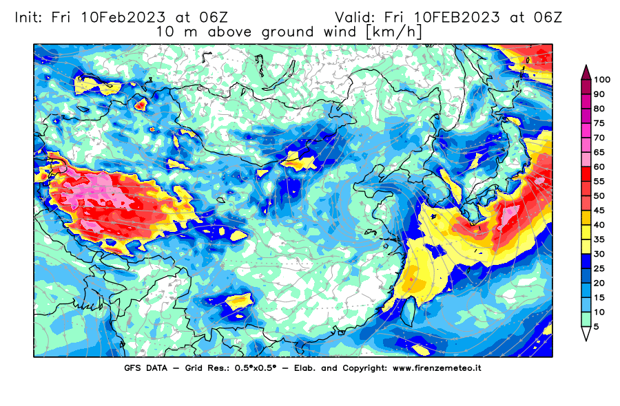 Mappa di analisi GFS - Velocità del vento a 10 metri dal suolo [km/h] in Asia Orientale
							del 10/02/2023 06 <!--googleoff: index-->UTC<!--googleon: index-->