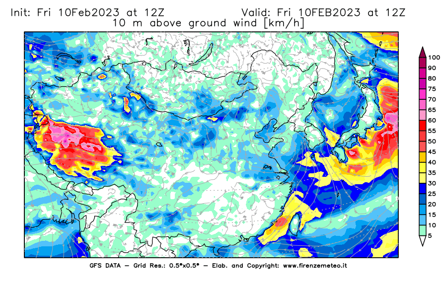 Mappa di analisi GFS - Velocità del vento a 10 metri dal suolo [km/h] in Asia Orientale
							del 10/02/2023 12 <!--googleoff: index-->UTC<!--googleon: index-->
