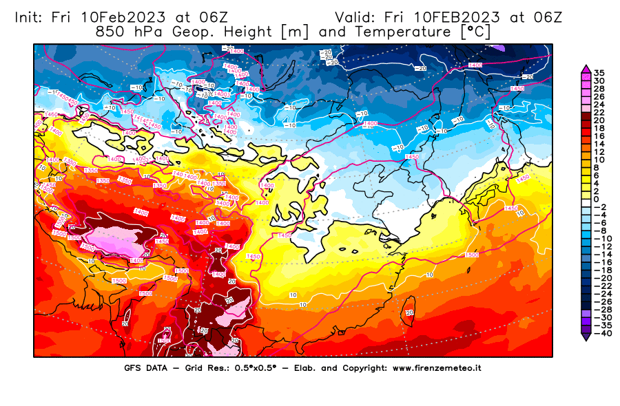 Mappa di analisi GFS - Geopotenziale [m] e Temperatura [°C] a 850 hPa in Asia Orientale
							del 10/02/2023 06 <!--googleoff: index-->UTC<!--googleon: index-->
