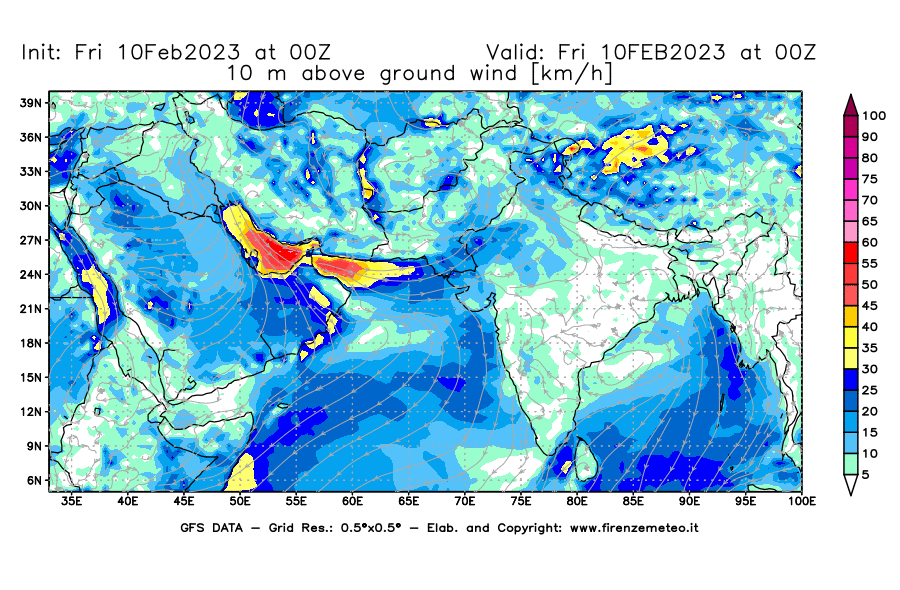 Mappa di analisi GFS - Velocità del vento a 10 metri dal suolo [km/h] in Asia Sud-Occidentale
							del 10/02/2023 00 <!--googleoff: index-->UTC<!--googleon: index-->