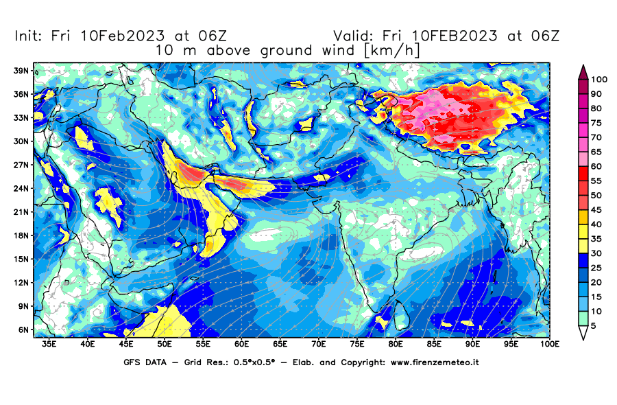 Mappa di analisi GFS - Velocità del vento a 10 metri dal suolo [km/h] in Asia Sud-Occidentale
							del 10/02/2023 06 <!--googleoff: index-->UTC<!--googleon: index-->