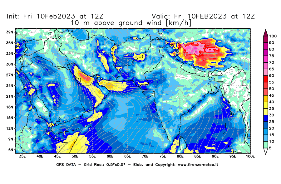 Mappa di analisi GFS - Velocità del vento a 10 metri dal suolo [km/h] in Asia Sud-Occidentale
							del 10/02/2023 12 <!--googleoff: index-->UTC<!--googleon: index-->