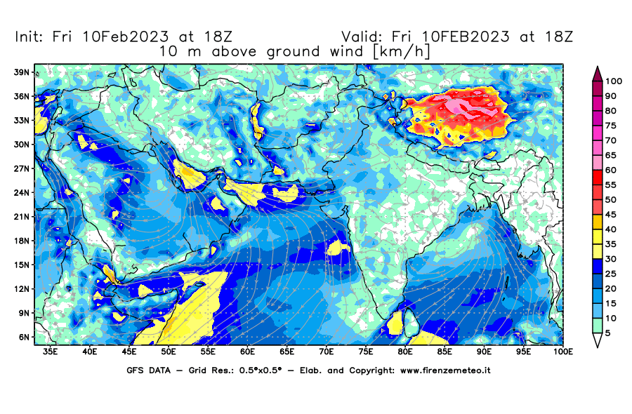 Mappa di analisi GFS - Velocità del vento a 10 metri dal suolo [km/h] in Asia Sud-Occidentale
							del 10/02/2023 18 <!--googleoff: index-->UTC<!--googleon: index-->