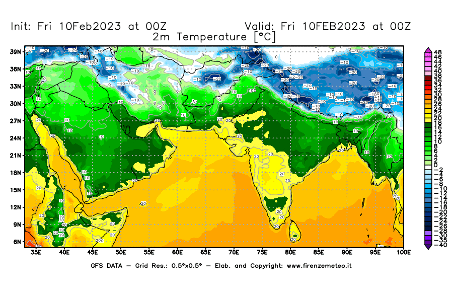 Mappa di analisi GFS - Temperatura a 2 metri dal suolo [°C] in Asia Sud-Occidentale
							del 10/02/2023 00 <!--googleoff: index-->UTC<!--googleon: index-->