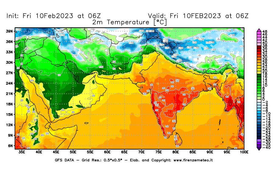 Mappa di analisi GFS - Temperatura a 2 metri dal suolo [°C] in Asia Sud-Occidentale
							del 10/02/2023 06 <!--googleoff: index-->UTC<!--googleon: index-->