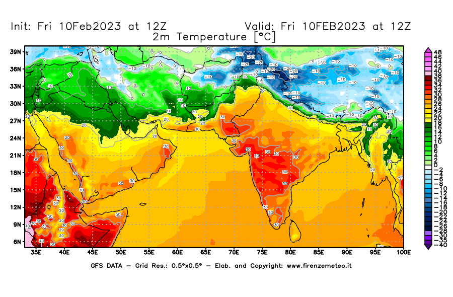 Mappa di analisi GFS - Temperatura a 2 metri dal suolo [°C] in Asia Sud-Occidentale
							del 10/02/2023 12 <!--googleoff: index-->UTC<!--googleon: index-->