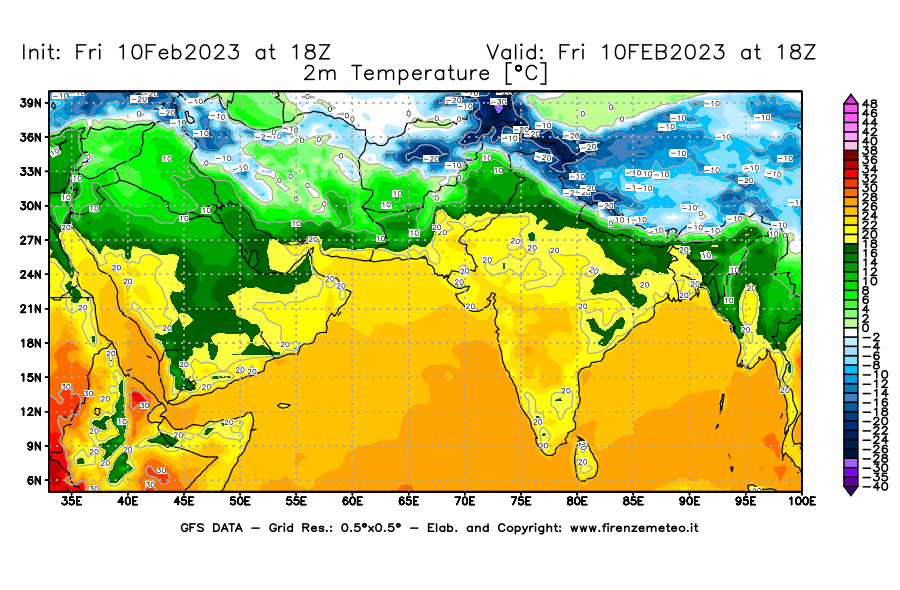 Mappa di analisi GFS - Temperatura a 2 metri dal suolo [°C] in Asia Sud-Occidentale
							del 10/02/2023 18 <!--googleoff: index-->UTC<!--googleon: index-->