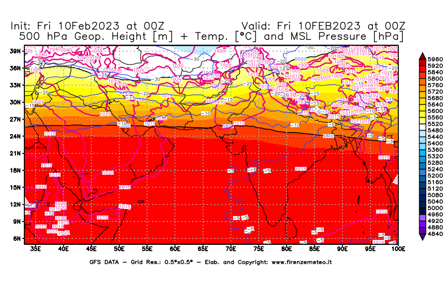 Mappa di analisi GFS - Geopotenziale [m] + Temp. [°C] a 500 hPa + Press. a livello del mare [hPa] in Asia Sud-Occidentale
							del 10/02/2023 00 <!--googleoff: index-->UTC<!--googleon: index-->