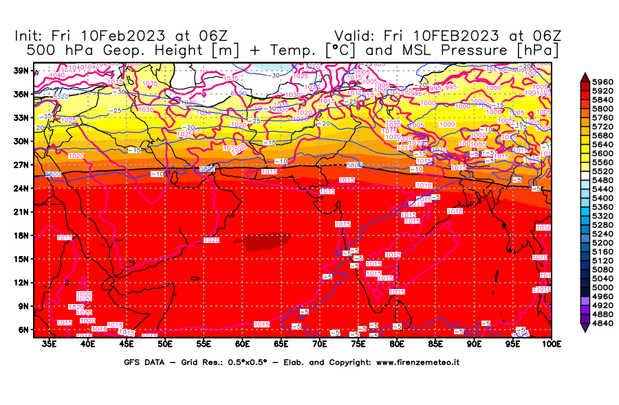 Mappa di analisi GFS - Geopotenziale [m] + Temp. [°C] a 500 hPa + Press. a livello del mare [hPa] in Asia Sud-Occidentale
							del 10/02/2023 06 <!--googleoff: index-->UTC<!--googleon: index-->