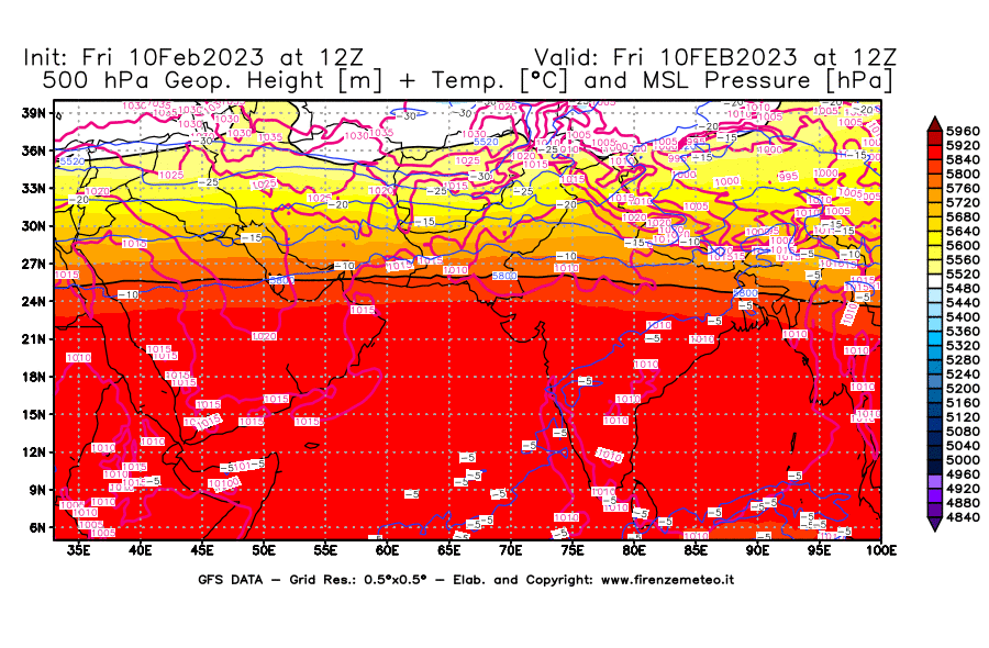 Mappa di analisi GFS - Geopotenziale [m] + Temp. [°C] a 500 hPa + Press. a livello del mare [hPa] in Asia Sud-Occidentale
							del 10/02/2023 12 <!--googleoff: index-->UTC<!--googleon: index-->