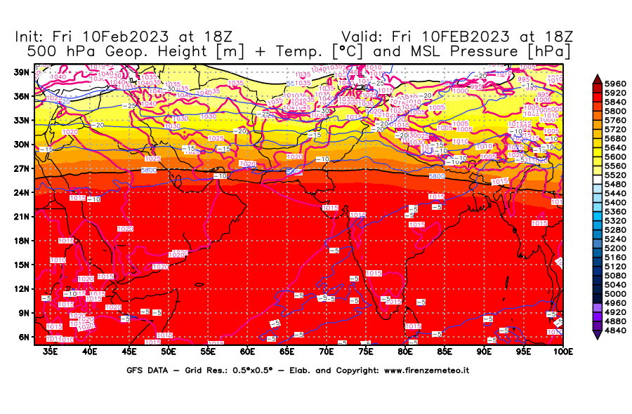 Mappa di analisi GFS - Geopotenziale [m] + Temp. [°C] a 500 hPa + Press. a livello del mare [hPa] in Asia Sud-Occidentale
							del 10/02/2023 18 <!--googleoff: index-->UTC<!--googleon: index-->