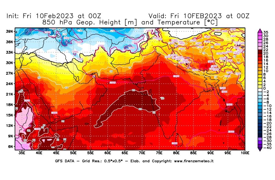 Mappa di analisi GFS - Geopotenziale [m] e Temperatura [°C] a 850 hPa in Asia Sud-Occidentale
							del 10/02/2023 00 <!--googleoff: index-->UTC<!--googleon: index-->