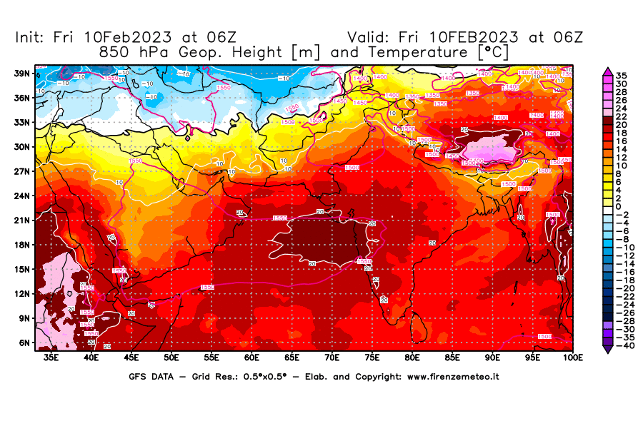 Mappa di analisi GFS - Geopotenziale [m] e Temperatura [°C] a 850 hPa in Asia Sud-Occidentale
							del 10/02/2023 06 <!--googleoff: index-->UTC<!--googleon: index-->