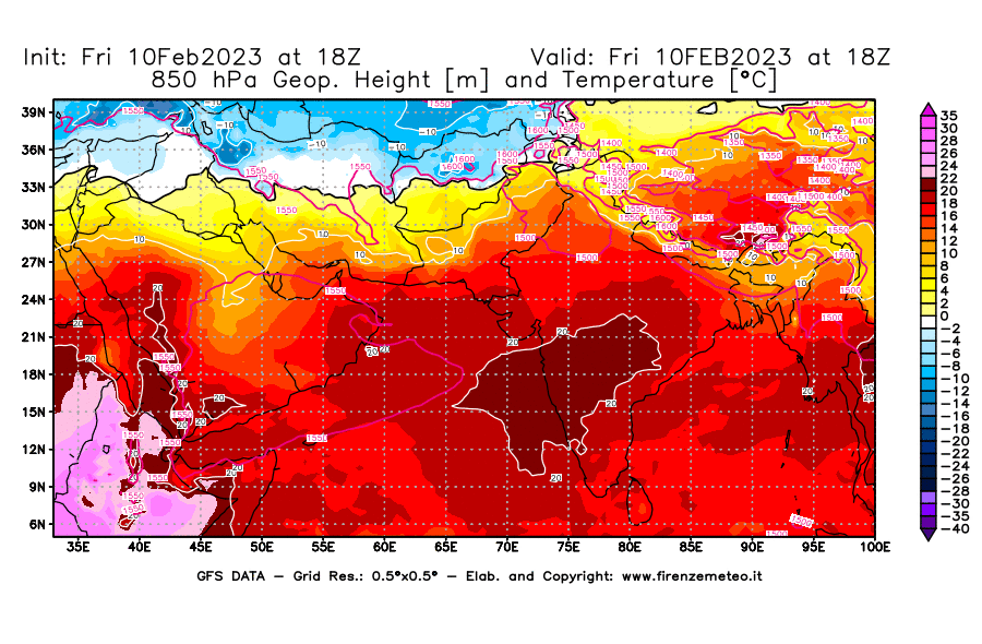 Mappa di analisi GFS - Geopotenziale [m] e Temperatura [°C] a 850 hPa in Asia Sud-Occidentale
							del 10/02/2023 18 <!--googleoff: index-->UTC<!--googleon: index-->