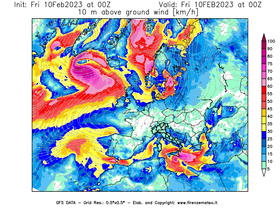 Mappa di analisi GFS - Velocità del vento a 10 metri dal suolo [km/h] in Europa
							del 10/02/2023 00 <!--googleoff: index-->UTC<!--googleon: index-->