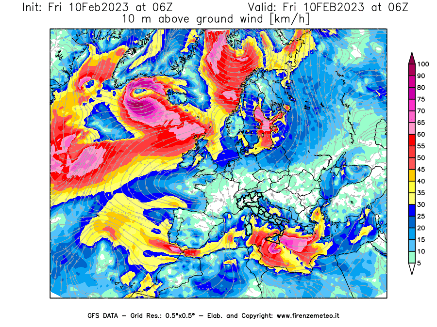 Mappa di analisi GFS - Velocità del vento a 10 metri dal suolo [km/h] in Europa
							del 10/02/2023 06 <!--googleoff: index-->UTC<!--googleon: index-->