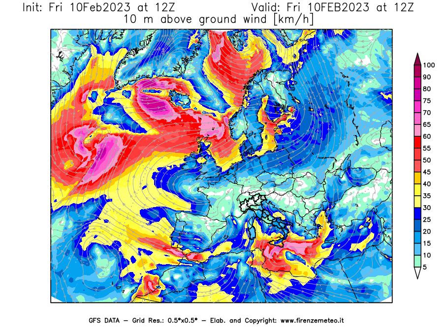 Mappa di analisi GFS - Velocità del vento a 10 metri dal suolo [km/h] in Europa
							del 10/02/2023 12 <!--googleoff: index-->UTC<!--googleon: index-->