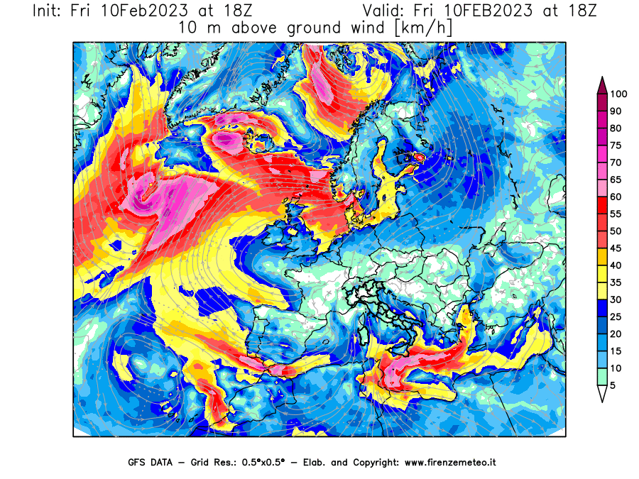 Mappa di analisi GFS - Velocità del vento a 10 metri dal suolo [km/h] in Europa
							del 10/02/2023 18 <!--googleoff: index-->UTC<!--googleon: index-->