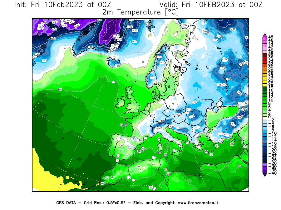 Mappa di analisi GFS - Temperatura a 2 metri dal suolo [°C] in Europa
							del 10/02/2023 00 <!--googleoff: index-->UTC<!--googleon: index-->