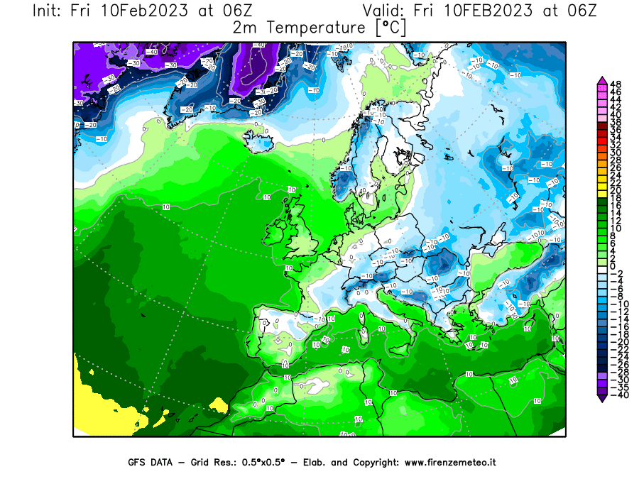 Mappa di analisi GFS - Temperatura a 2 metri dal suolo [°C] in Europa
							del 10/02/2023 06 <!--googleoff: index-->UTC<!--googleon: index-->
