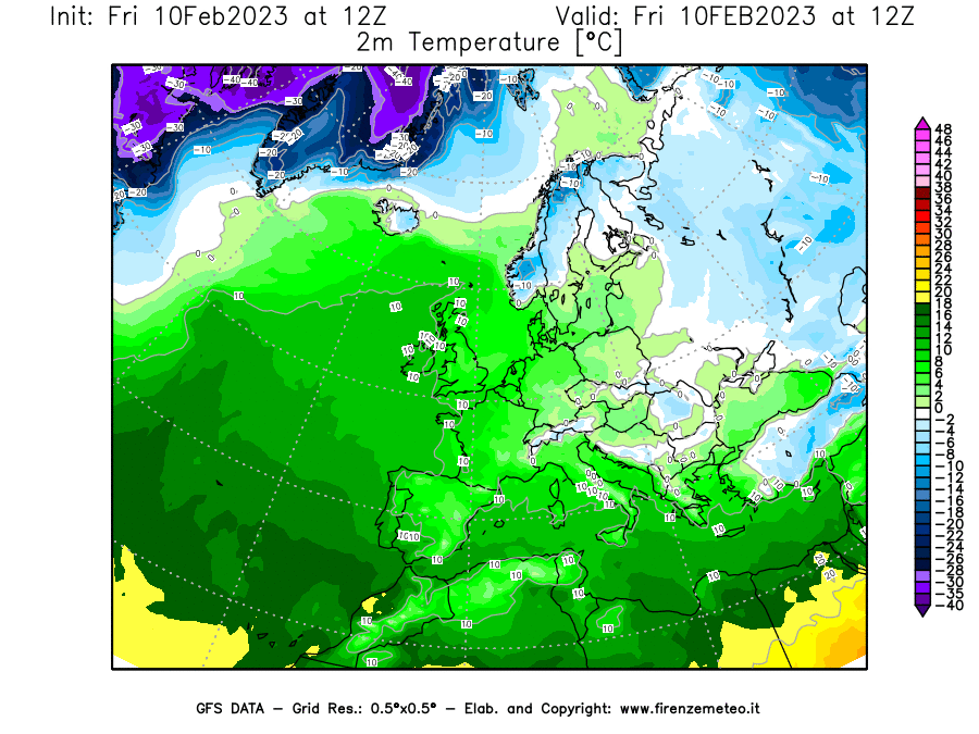 Mappa di analisi GFS - Temperatura a 2 metri dal suolo [°C] in Europa
							del 10/02/2023 12 <!--googleoff: index-->UTC<!--googleon: index-->