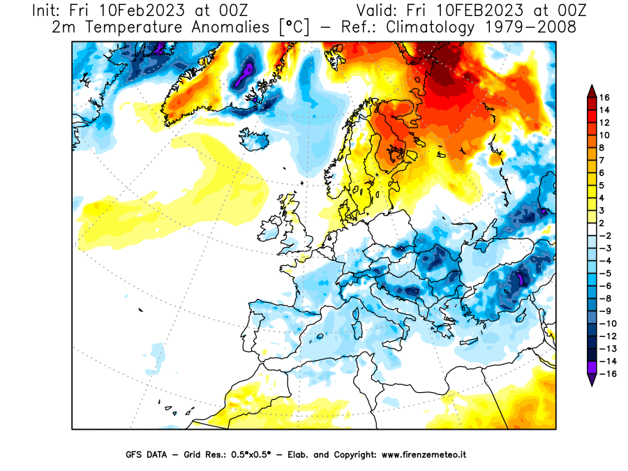 Mappa di analisi GFS - Anomalia Temperatura [°C] a 2 m in Europa
							del 10/02/2023 00 <!--googleoff: index-->UTC<!--googleon: index-->