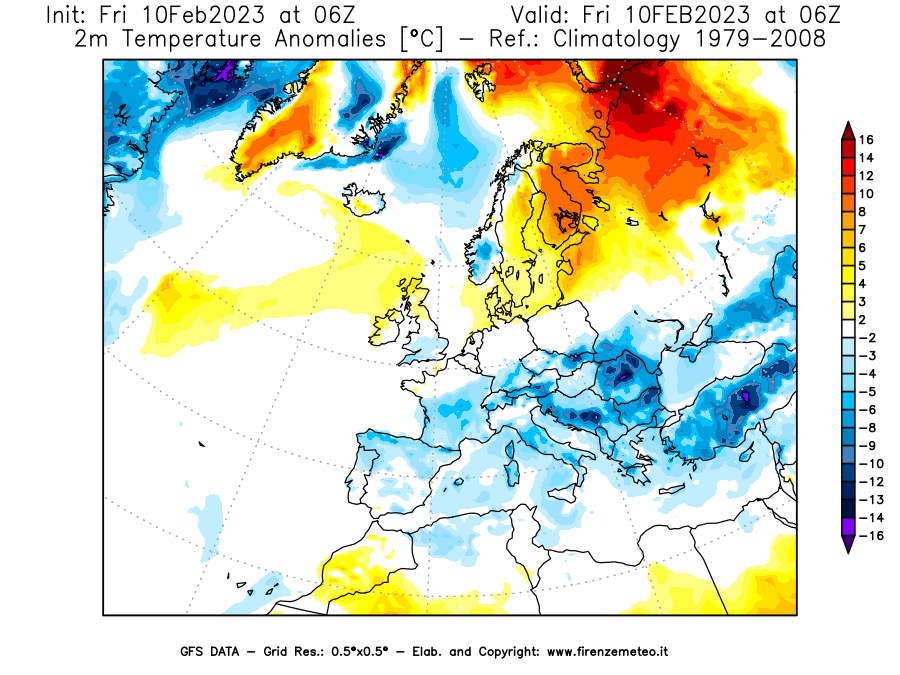 Mappa di analisi GFS - Anomalia Temperatura [°C] a 2 m in Europa
							del 10/02/2023 06 <!--googleoff: index-->UTC<!--googleon: index-->