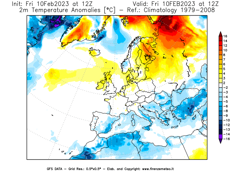 Mappa di analisi GFS - Anomalia Temperatura [°C] a 2 m in Europa
							del 10/02/2023 12 <!--googleoff: index-->UTC<!--googleon: index-->