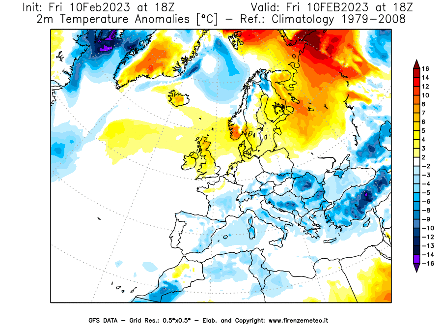 Mappa di analisi GFS - Anomalia Temperatura [°C] a 2 m in Europa
							del 10/02/2023 18 <!--googleoff: index-->UTC<!--googleon: index-->