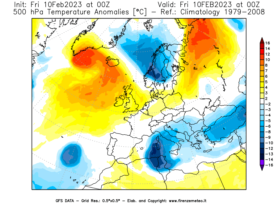 Mappa di analisi GFS - Anomalia Temperatura [°C] a 500 hPa in Europa
							del 10/02/2023 00 <!--googleoff: index-->UTC<!--googleon: index-->