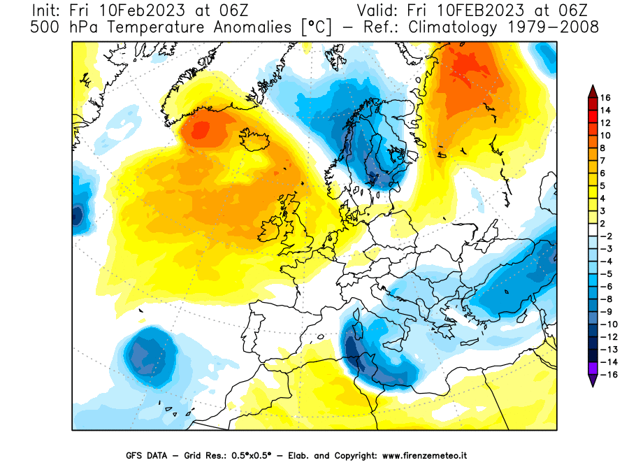 Mappa di analisi GFS - Anomalia Temperatura [°C] a 500 hPa in Europa
							del 10/02/2023 06 <!--googleoff: index-->UTC<!--googleon: index-->