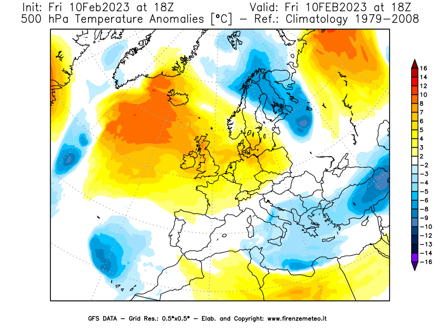 Mappa di analisi GFS - Anomalia Temperatura [°C] a 500 hPa in Europa
							del 10/02/2023 18 <!--googleoff: index-->UTC<!--googleon: index-->