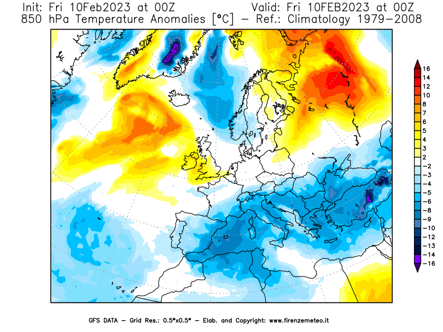Mappa di analisi GFS - Anomalia Temperatura [°C] a 850 hPa in Europa
							del 10/02/2023 00 <!--googleoff: index-->UTC<!--googleon: index-->