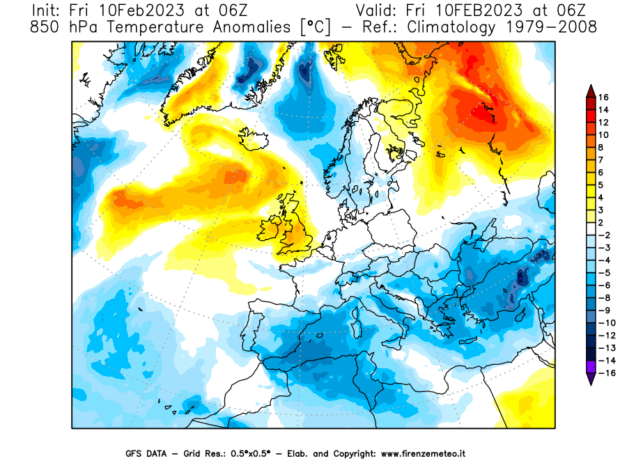 Mappa di analisi GFS - Anomalia Temperatura [°C] a 850 hPa in Europa
							del 10/02/2023 06 <!--googleoff: index-->UTC<!--googleon: index-->
